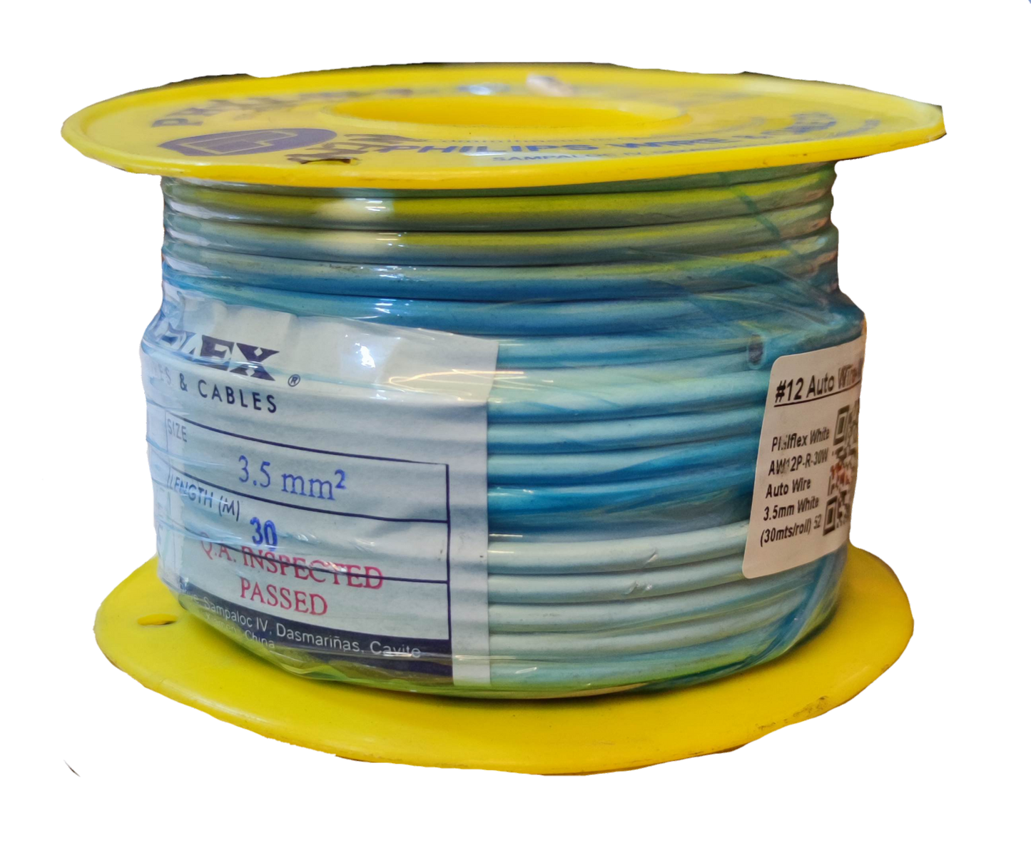 Philflex Autowire AWG 12 White automotive wire spool on yellow reel showing blue white insulated cable