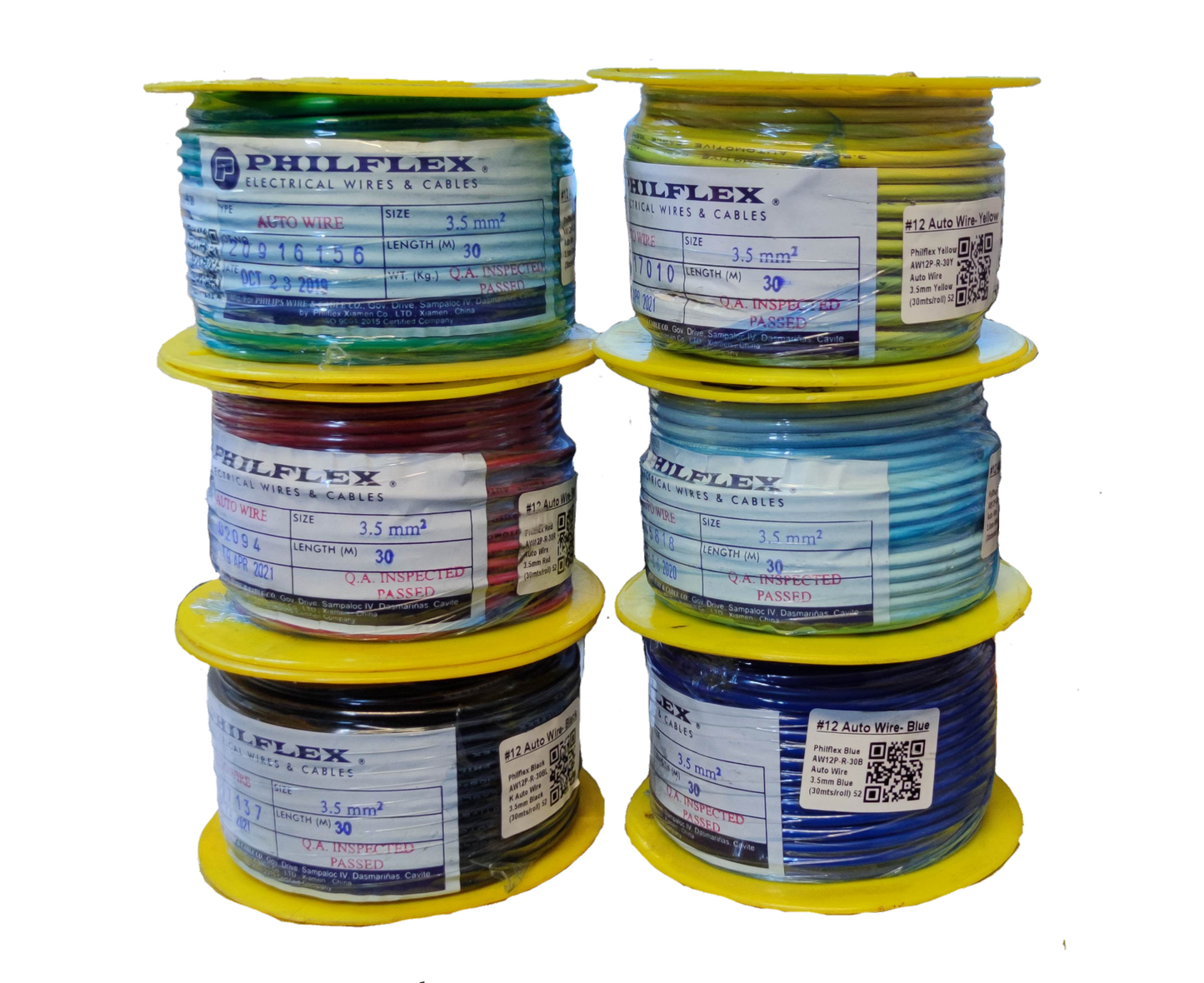 Six stacked Philflex wire spools with yellow flanges showing colored wires and labels Philflex Autowire AWG 12 White included