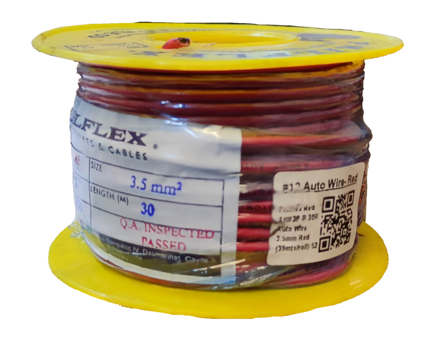 Philflex Autowire AWG 12 White spool of automotive wires on yellow reel showing red and black insulated leads