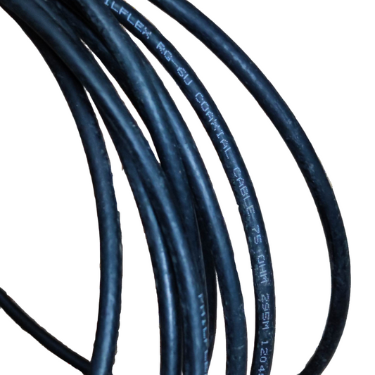 Philflex RG6 coaxial cable black wires coiled for signal transmission and connectivity