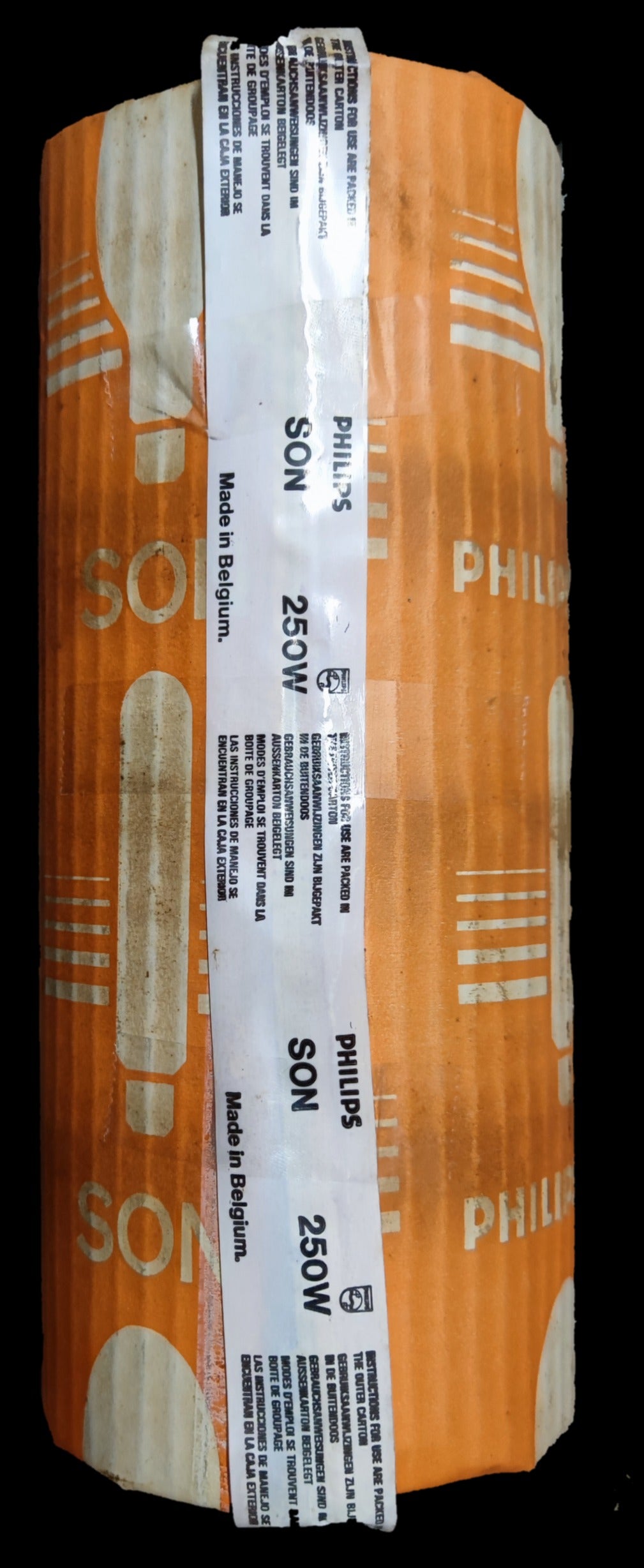 Philips 250W sodium lamp E40 packaging showcasing bright orange design for high-intensity lighting