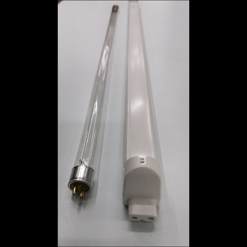 Philips 28W T5 UV-C germicidal tube alongside a standard fluorescent tube for germicidal applications