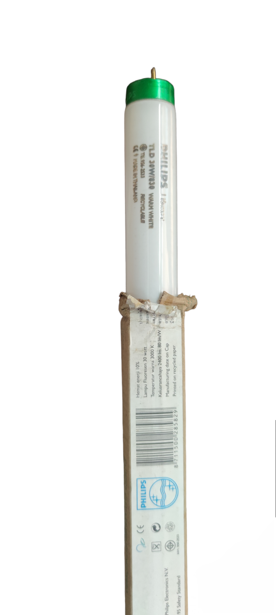 Philips 30W T-8 Fluorescent Tube compact fluorescent bulb with green end cap in packaging