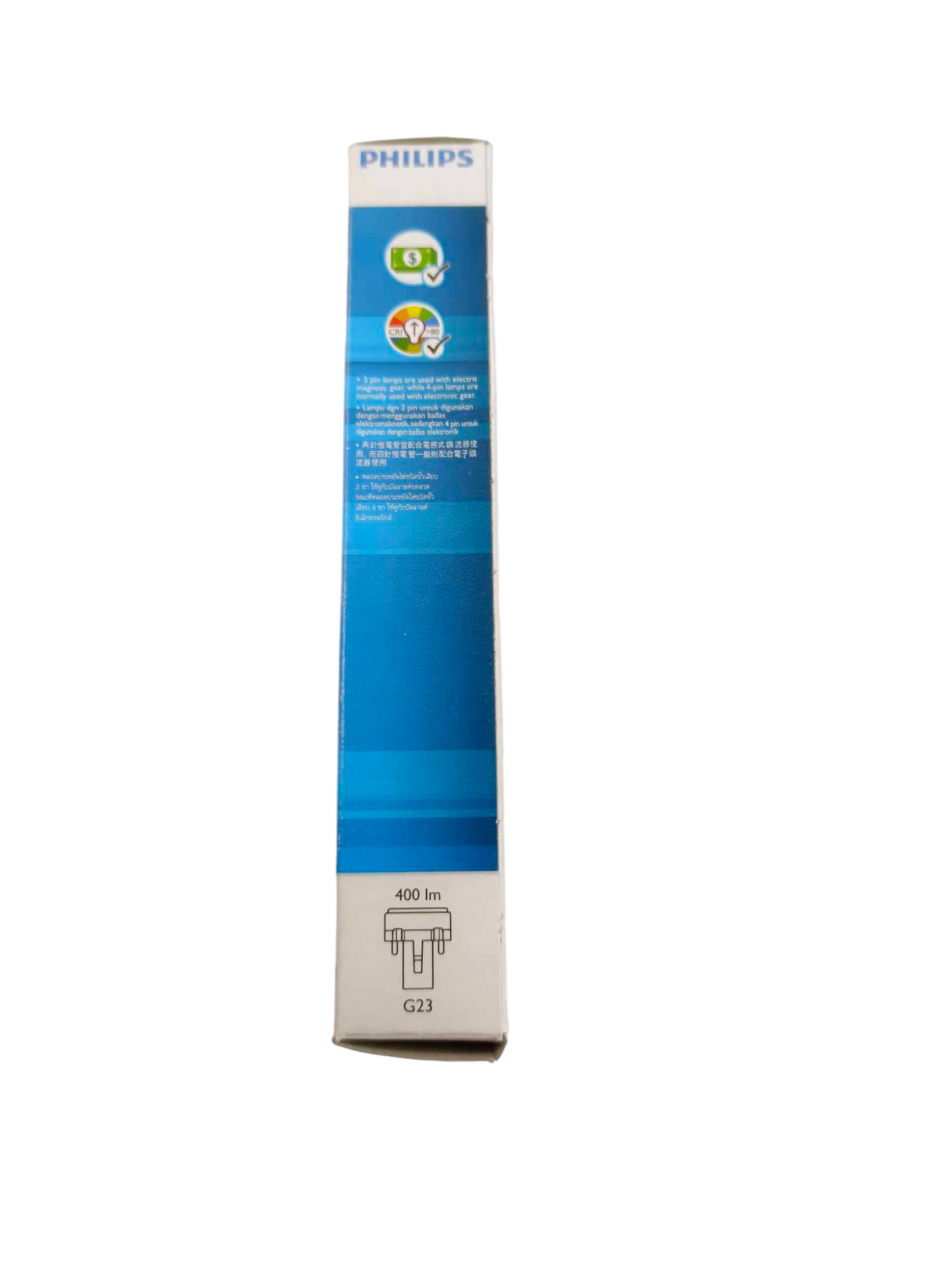 Philips 7W Pinlight Daylight G23 Socket compact fluorescent bulb packaging with energy saving icons