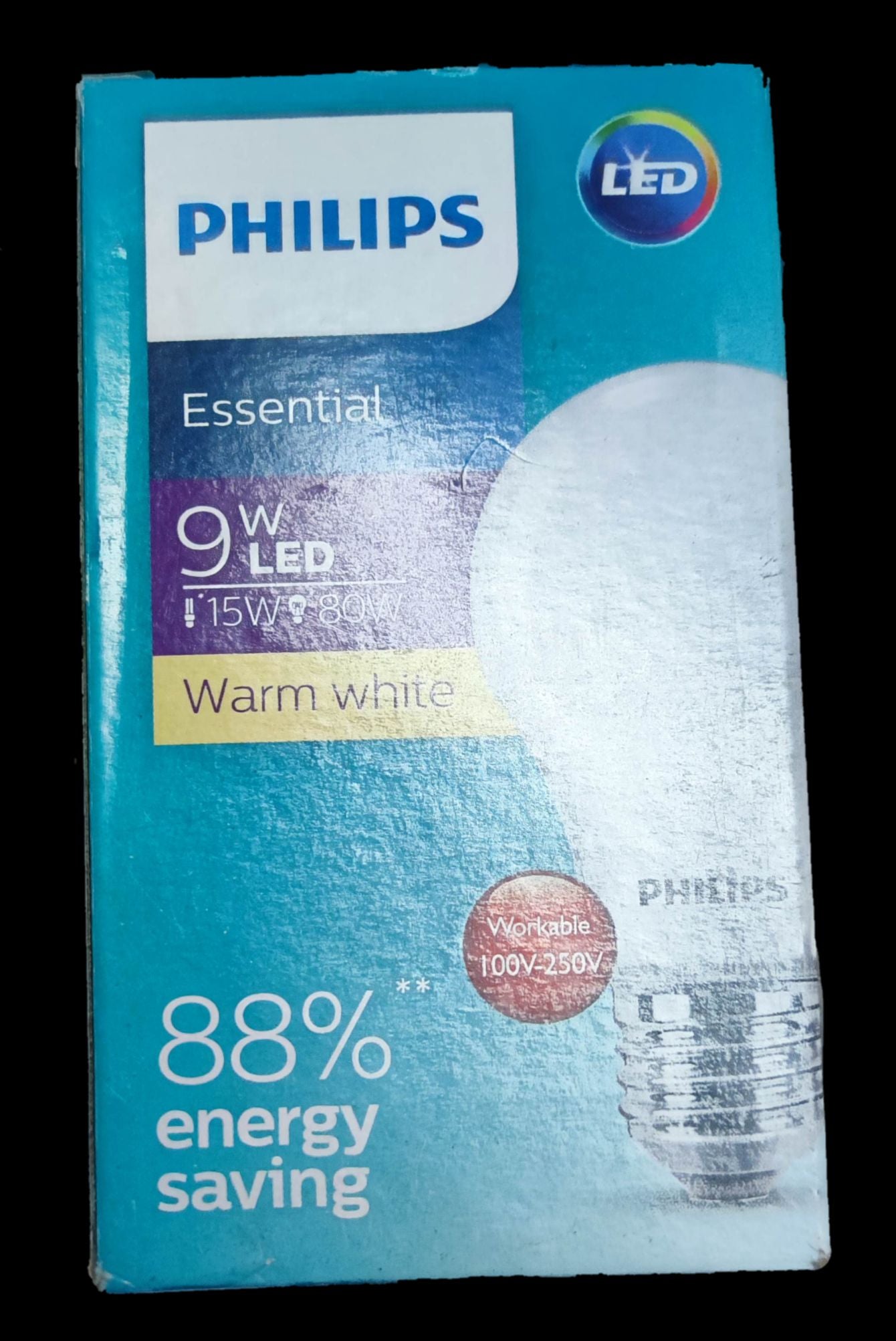 Philips Essential 9W LED bulb E27 warm white with 88 percent energy saving on blue packaging