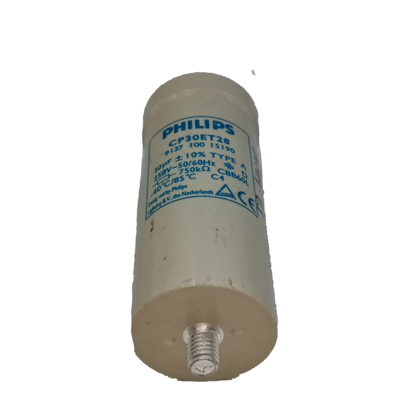 Philips Capacitor CP30ET28 30UF electrical component with white casing and metal terminal