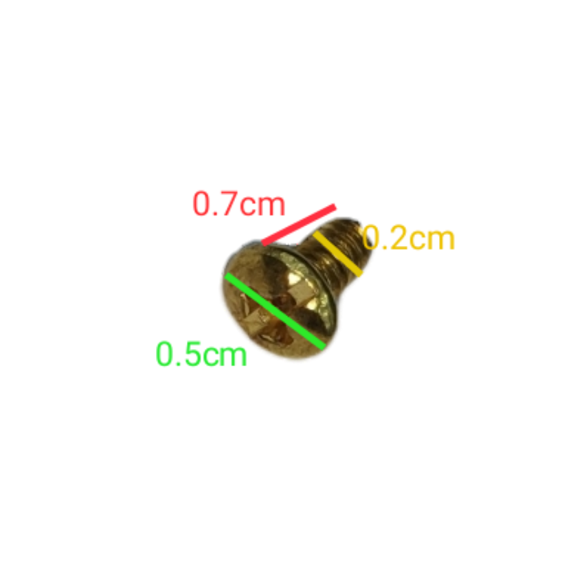 Close-up of local Philips Cross Positive Screw small with detailed size measurements in gold color