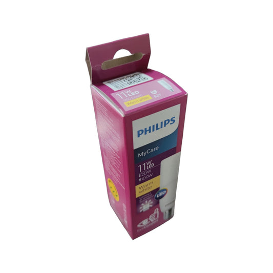 Philips E27 220V LED bulb 11W Warm White packaging showing energy-efficient features