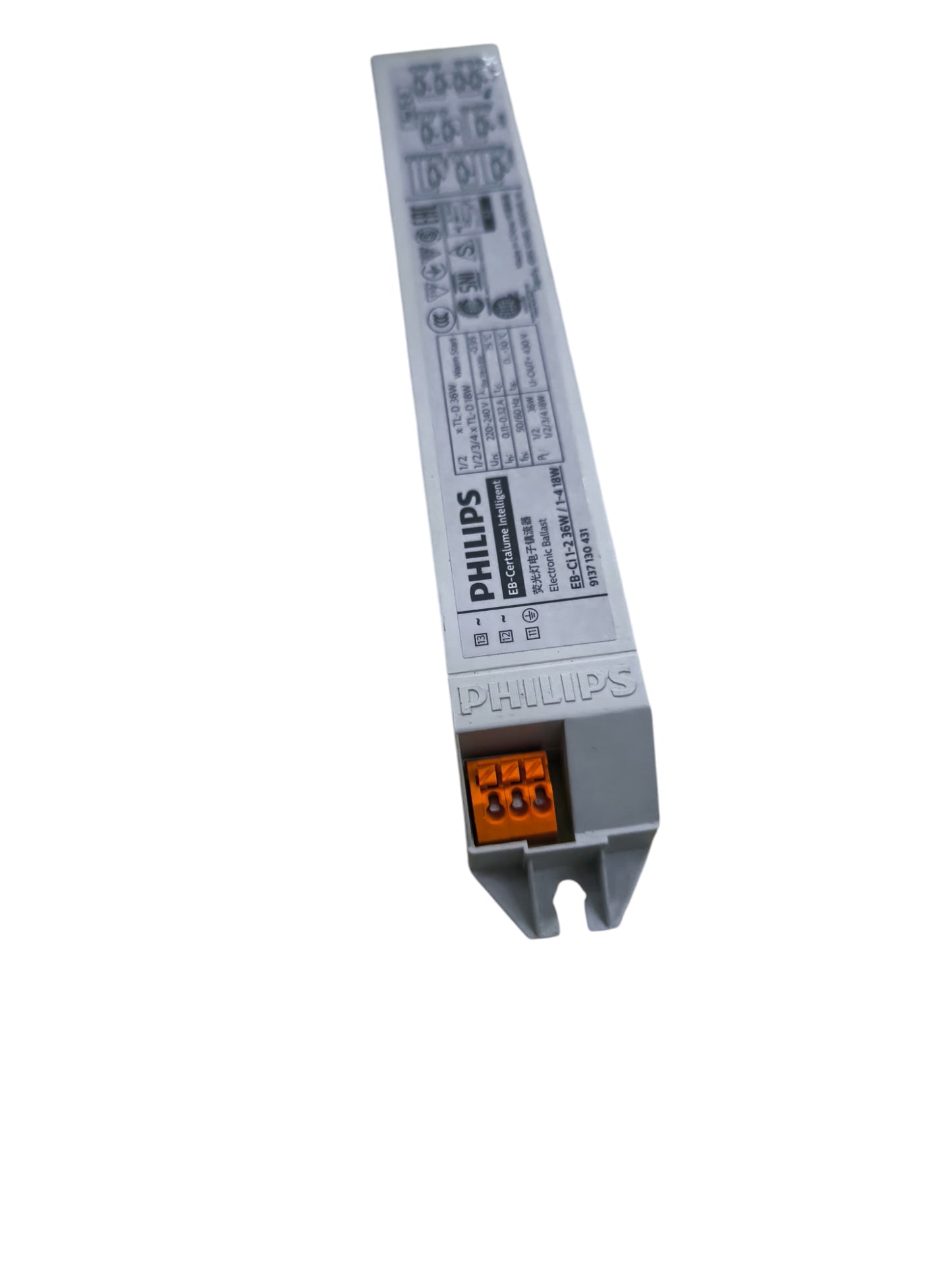 Philips electronic ballast 220V in white casing with orange connector for lighting installation