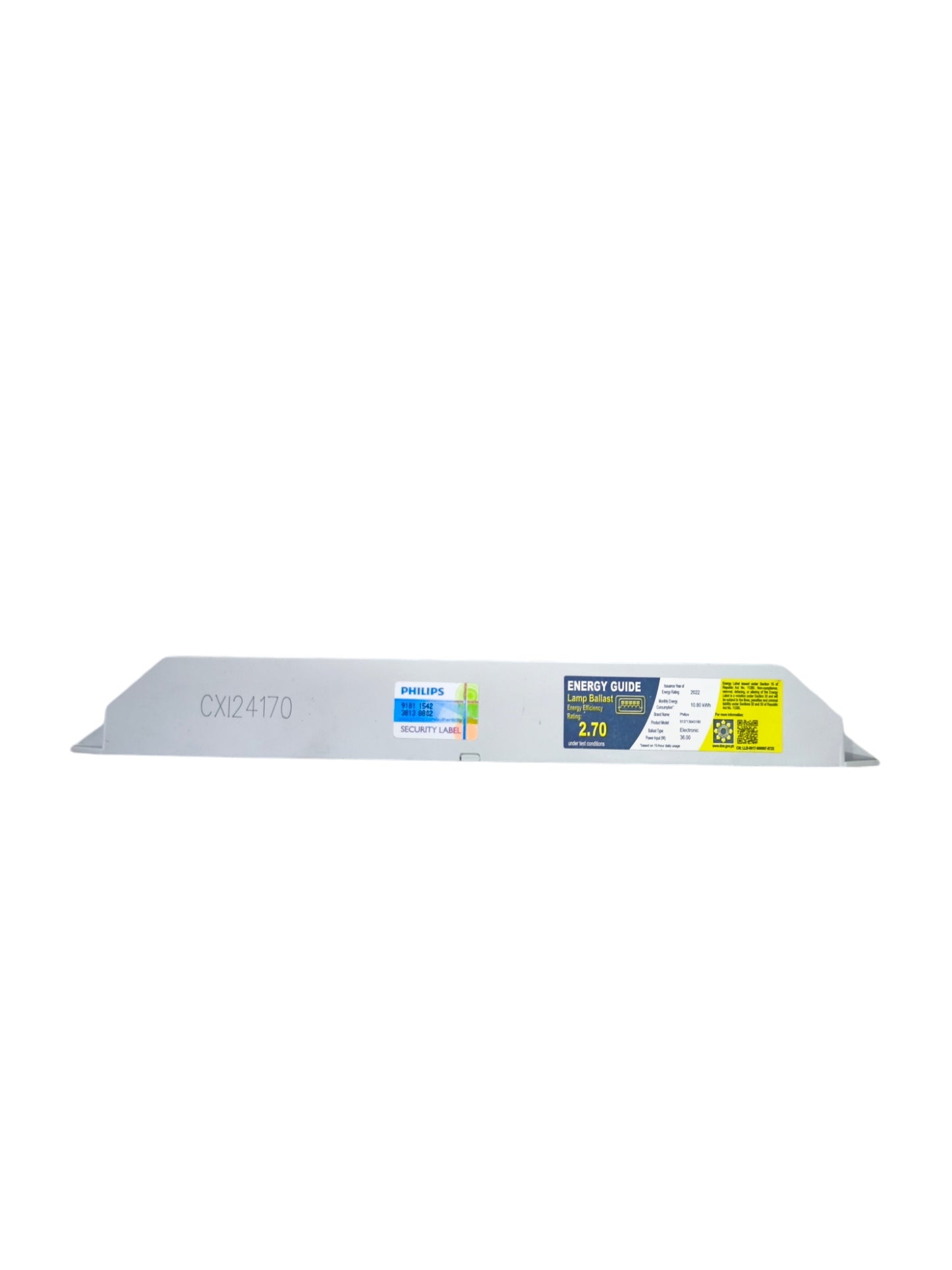 Philips electronic ballast 220V lighting accessory with energy guide label in white casing