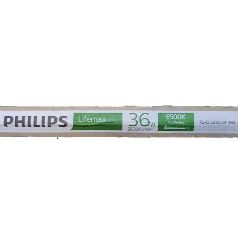 Philips 36W T8 fluorescent tube daylight packaging showing Lifemax 36W 6500K 2500 lumen label
