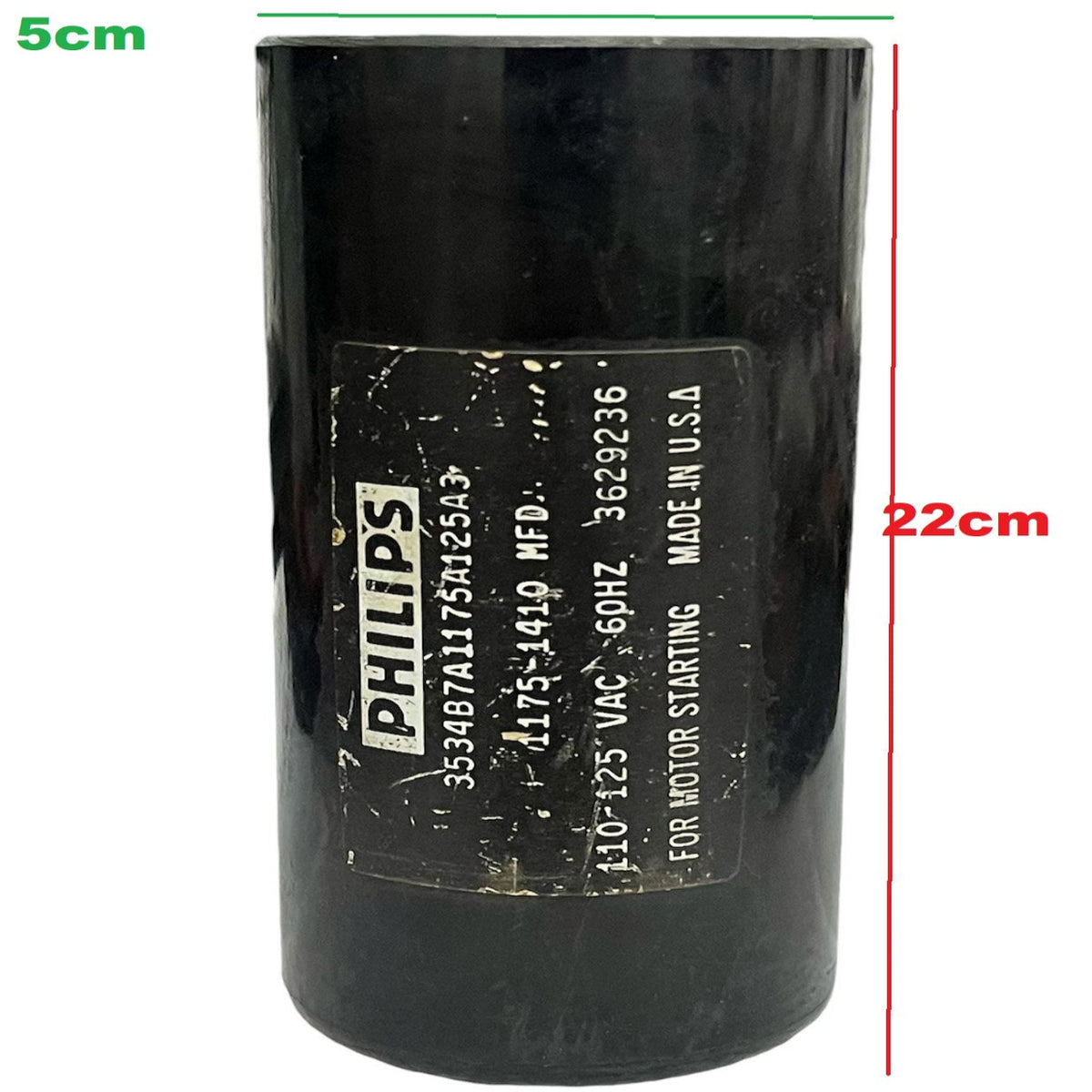 Philips Starting Capacitor 1175-1410MFD black cylindrical electrical component for motor starting