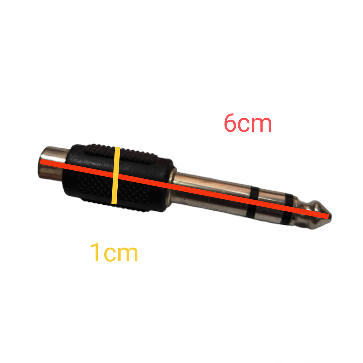 PL-55 Plug Stereo to RCA adapter with black grip and metal connector measuring 6cm by 1cm