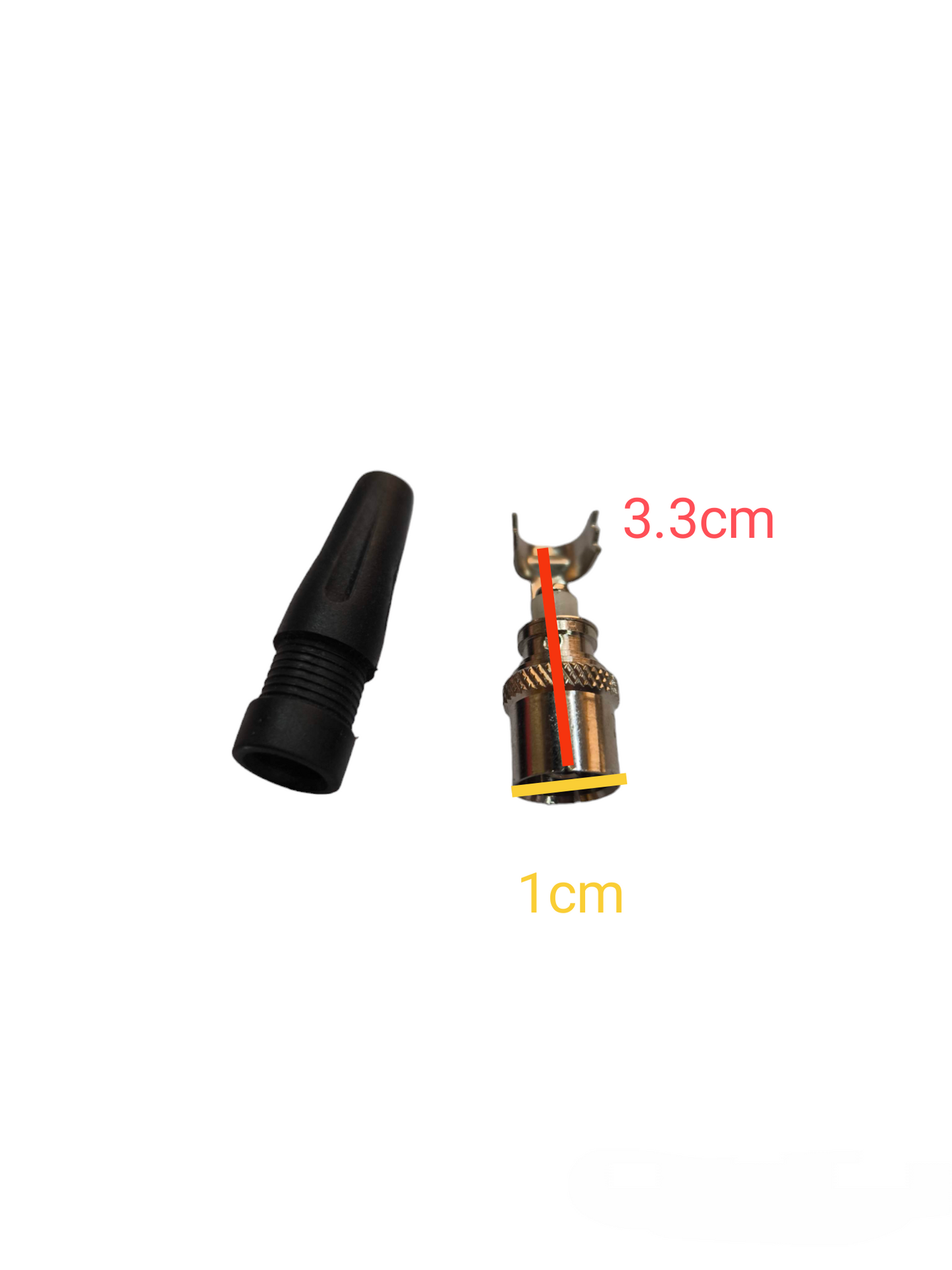 Plug with Rubber Boot for RG59 cable showing metal connector and black rubber cover with measurements