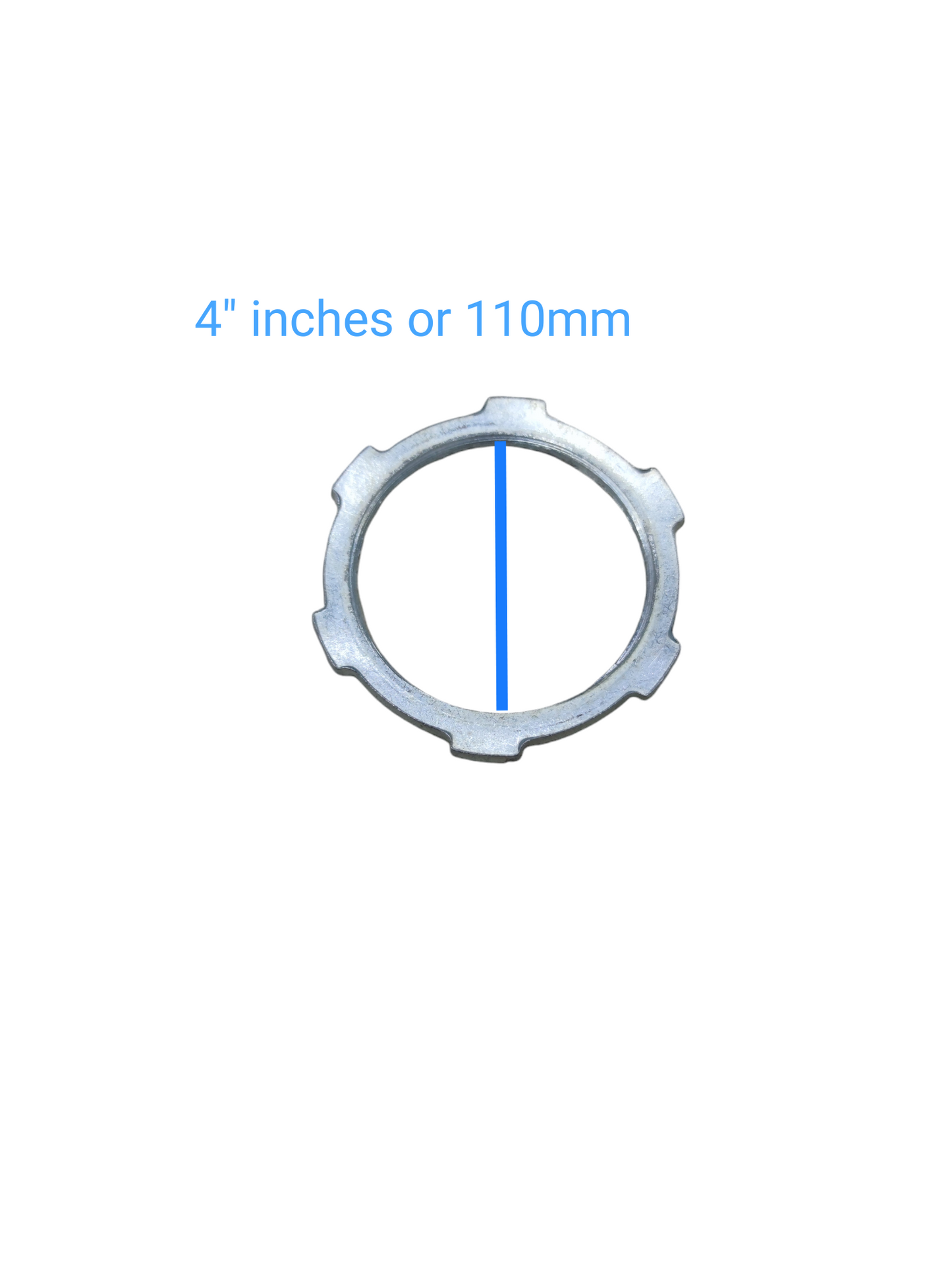 Locknut for RSC Pipes 15mm metal conduit locknut ring on white background with 4 inch 110mm label