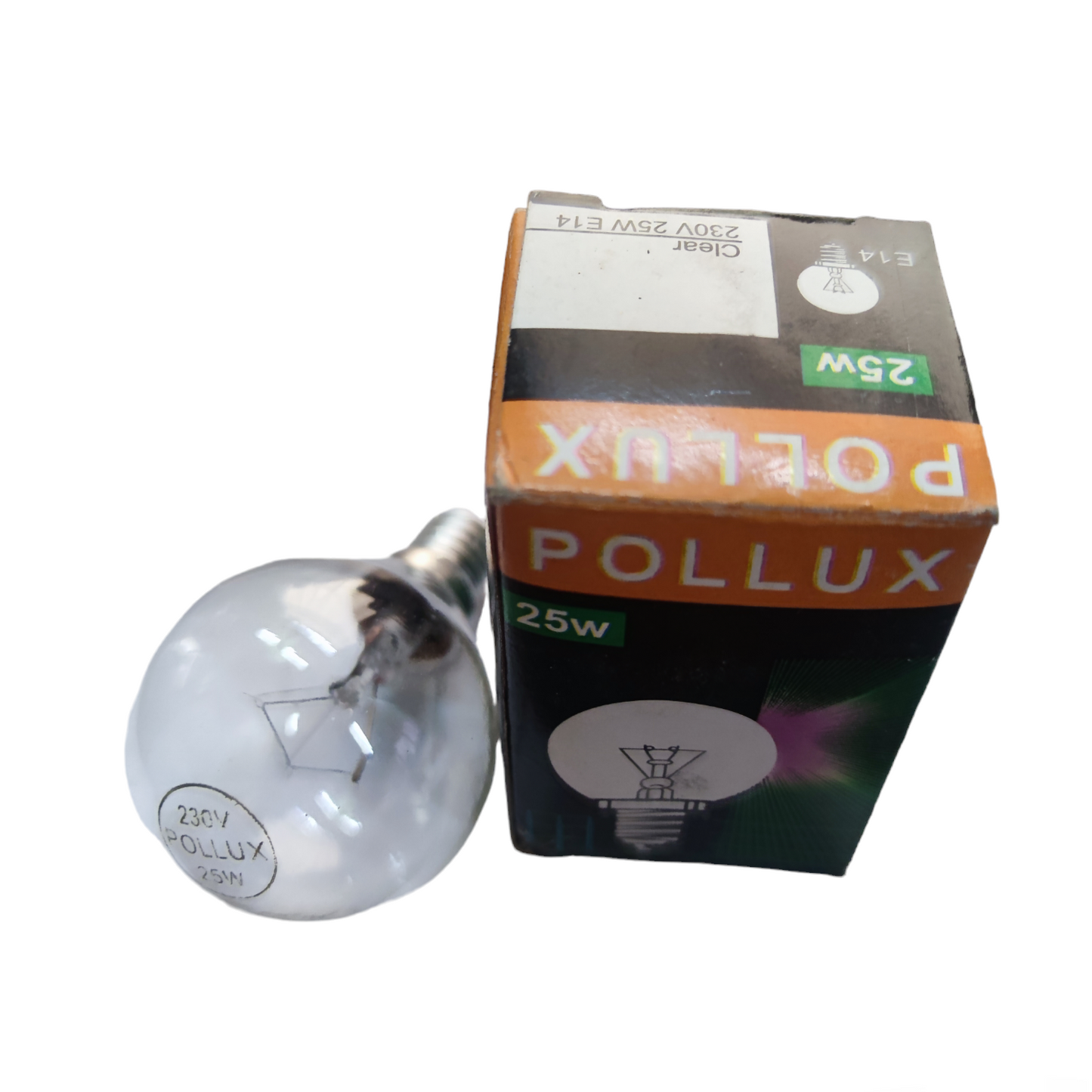 Pollux Incandescent Bulb Lustre Lamp 25W clear globe shown next to orange black Pollux packaging