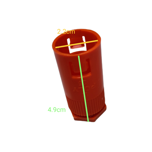 Poly orange cylindrical connector on black background Adaptor for PVC Flexible Hose showing 4.9 cm length and 2.2 cm top opening