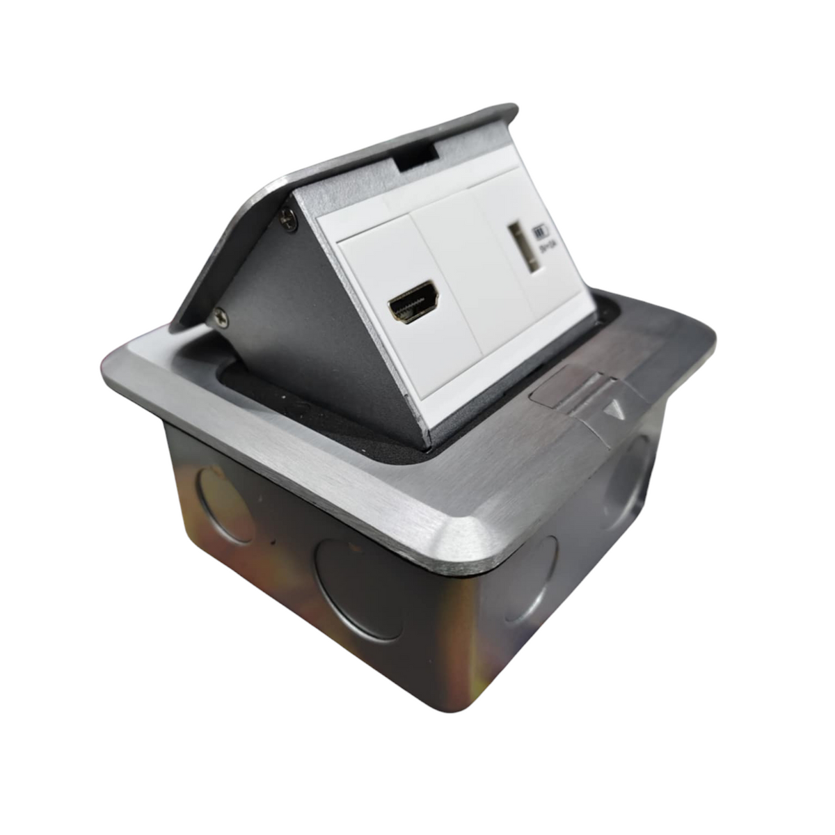 T&J Pop up HDMI with USB-A power point and plug socket in stainless steel frame
