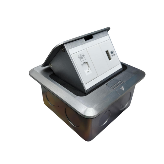 T&J Pop up Voice and USB Charging Outlet with stainless steel frame and multiple ports