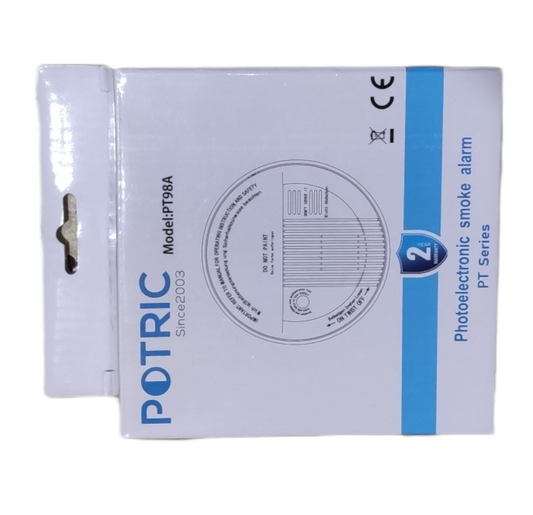 Potric photoelectric smoke alarm 9V PT Series packaged in white box with blue accents