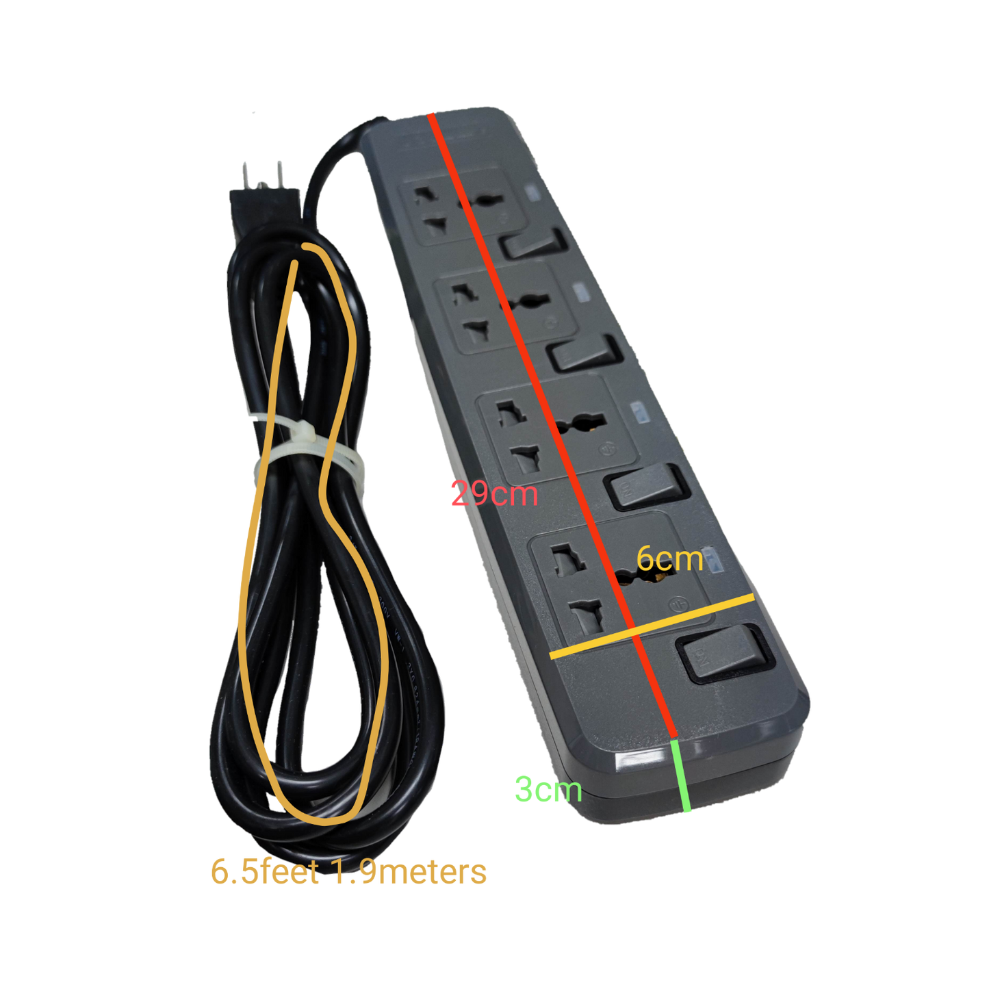 Royu power strip with 4 outlets with individual switch and 6.5 feet extension cord
