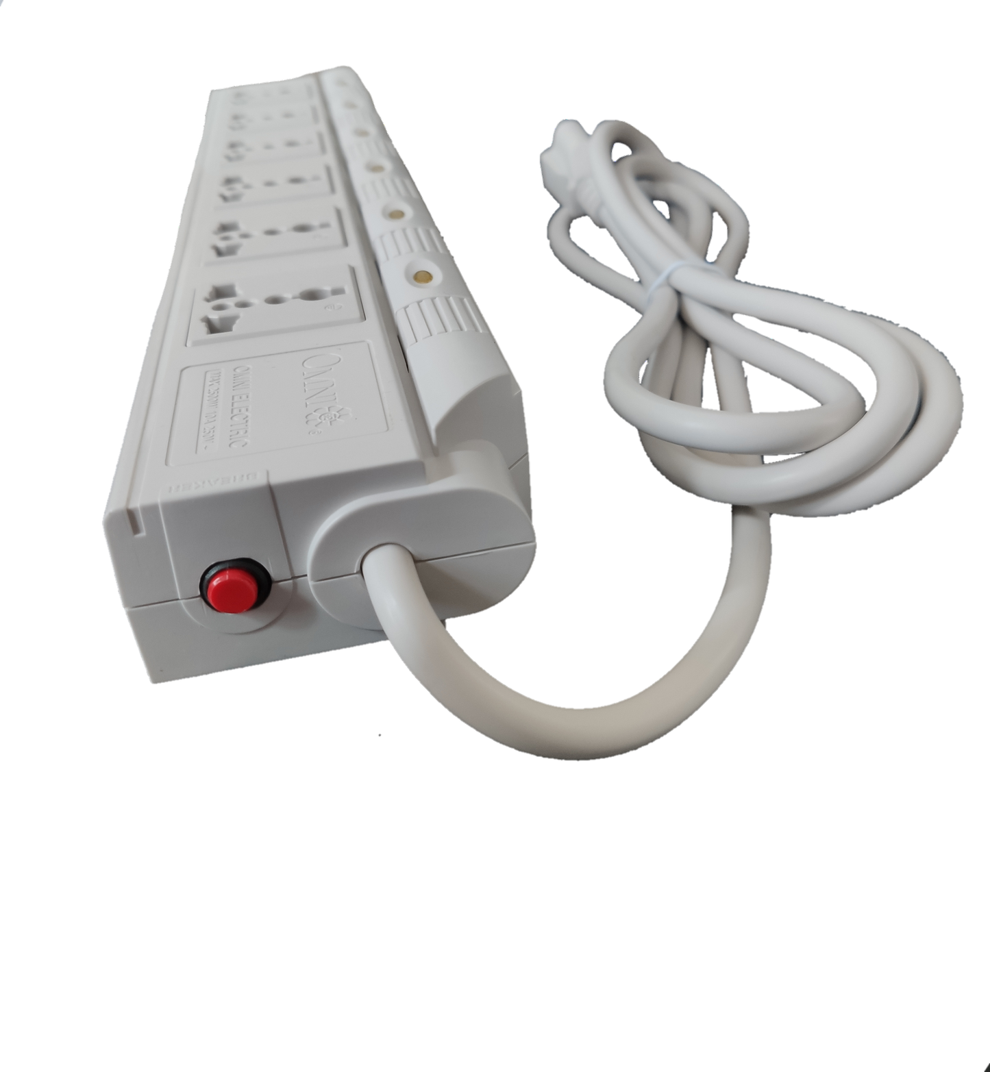 Omni power strip with individual switches showing multiple outlets and long white cord on black background