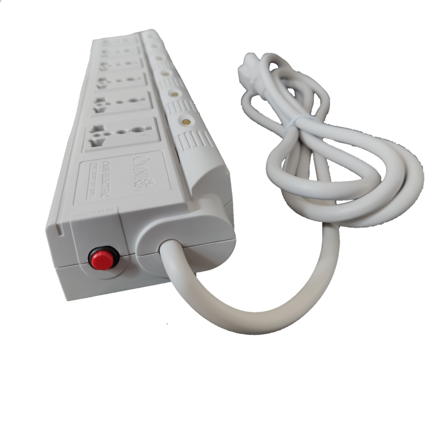 Omni power strip with individual switches showing multiple outlets and long white cord on black background