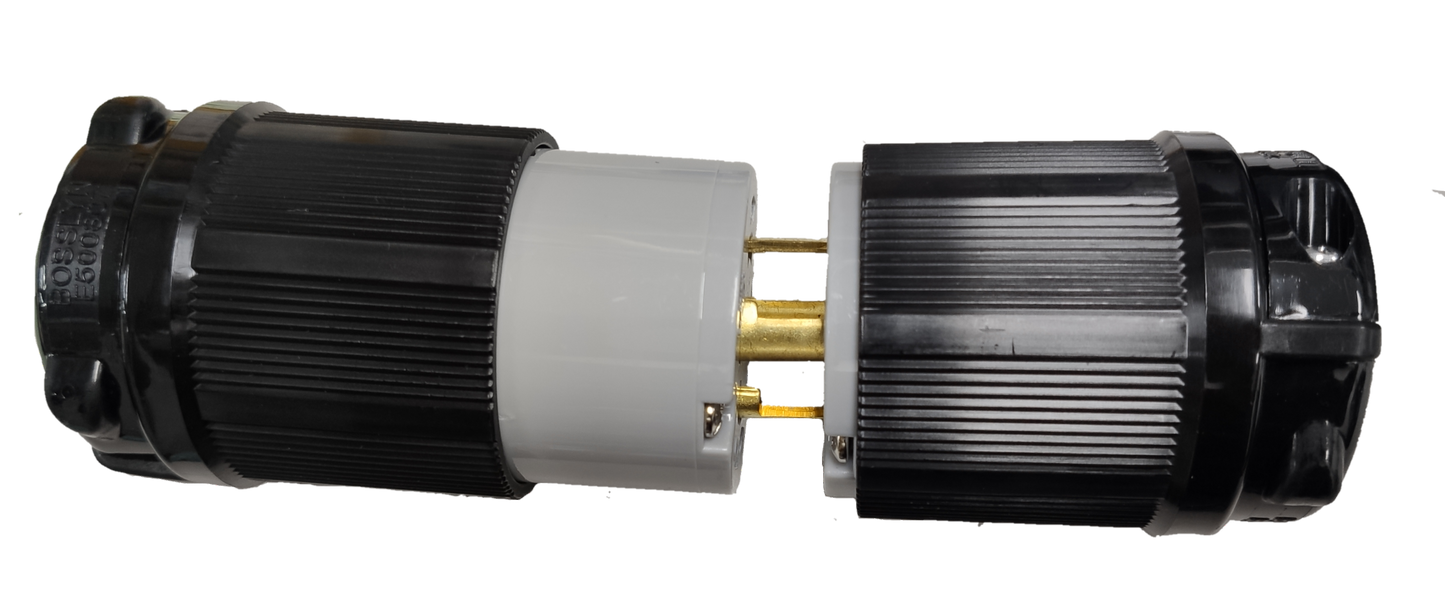 Grippes NEMA L15 250V industrial connector showing black twist lock male and female halves with brass pins