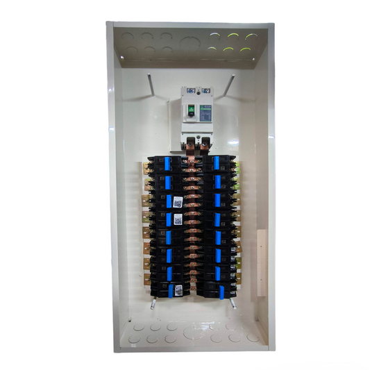 Koten 200A Panel Board 2 Pole 16 Branches white metal enclosure showing dual vertical breaker columns and copper bus bars