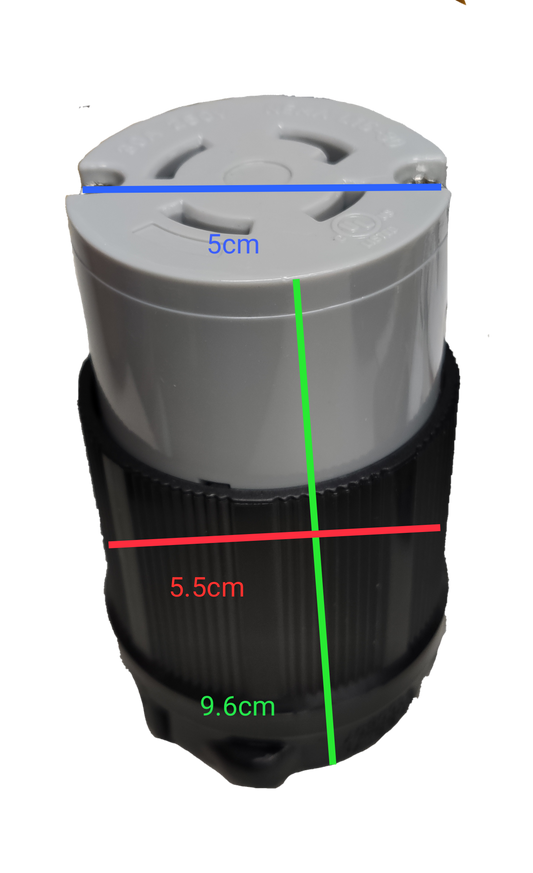 Grippes NEMA L15 250V 4 prong plug white top black ribbed cylindrical twist lock shown with measurement markings