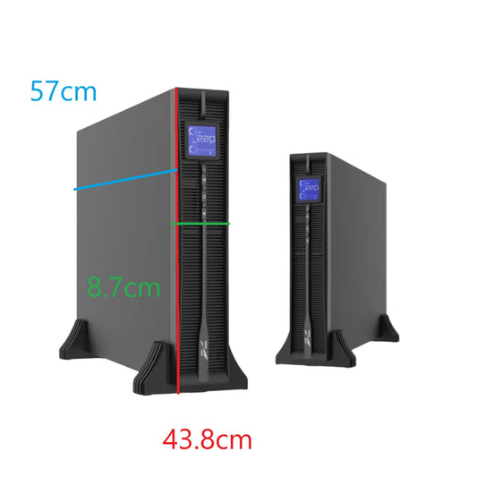 KEHUA TECH UPS 6000VA Double Conversation 120-295V black tower UPS pair with front LCD and dimension markings 57cm 43.8cm 8.7cm