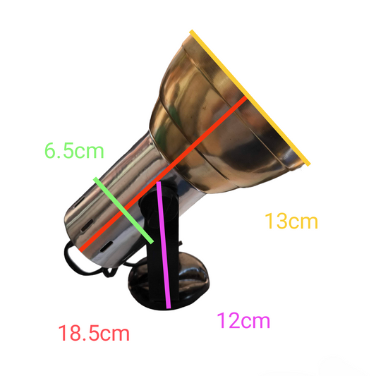 Adjustable metal spotlight with swivel base and measurements shown 100W spotlight socket for industrial use.