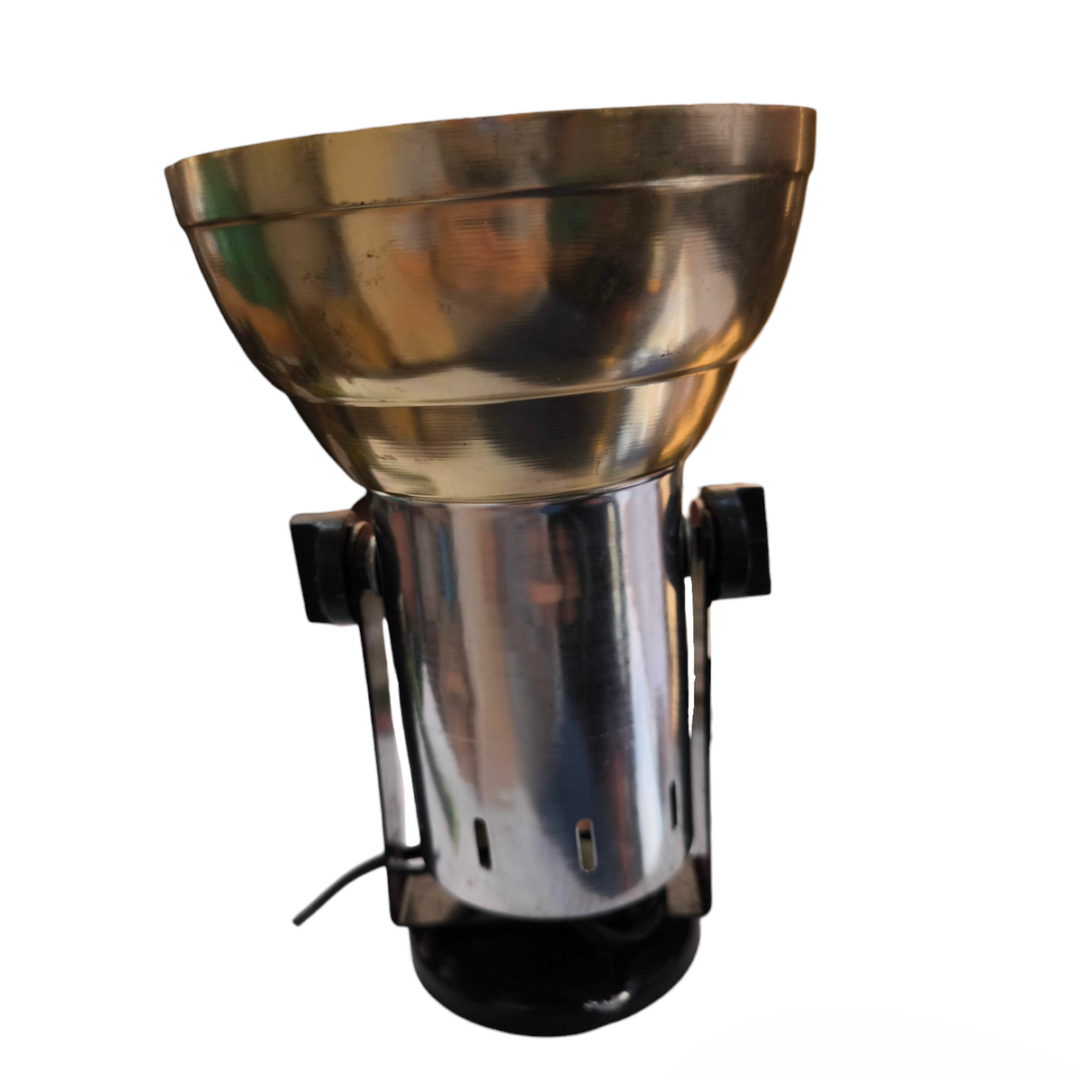 Brushed metal adjustable mount spotlight fixture with exposed wiring 100W spotlight socket for industrial use.