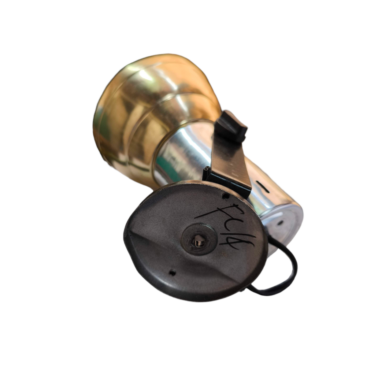 Local brass and metal 100W spotlight socket for industrial use. Durable mounting bracket and rubber dust cover visible