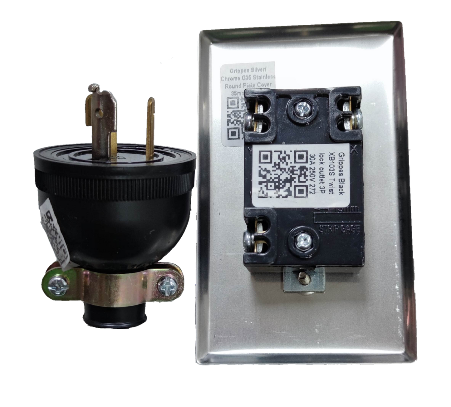 Grippes 30A twist lock wall outlet with stainless steel wall plate and black locking plug assembly
