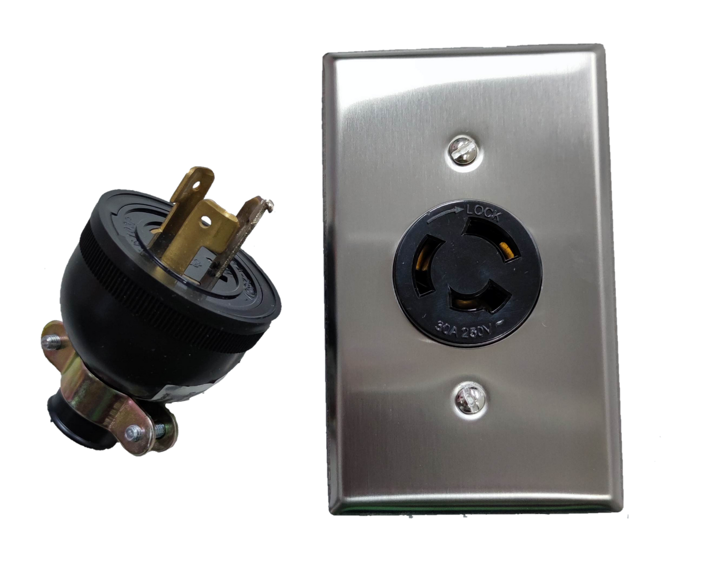 Grippes stainless steel plate with 30A twist lock wall outlet and matching locking plug for secure power connection