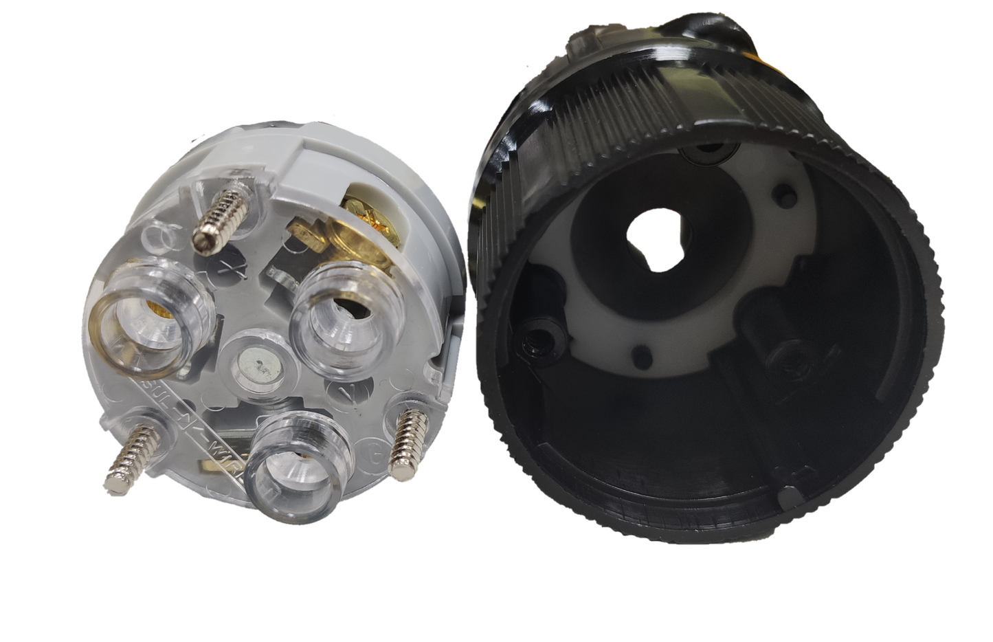 Grippes NEMA L6-30P industrial plug disassembled showing clear contact housing, brass terminals and black threaded shell