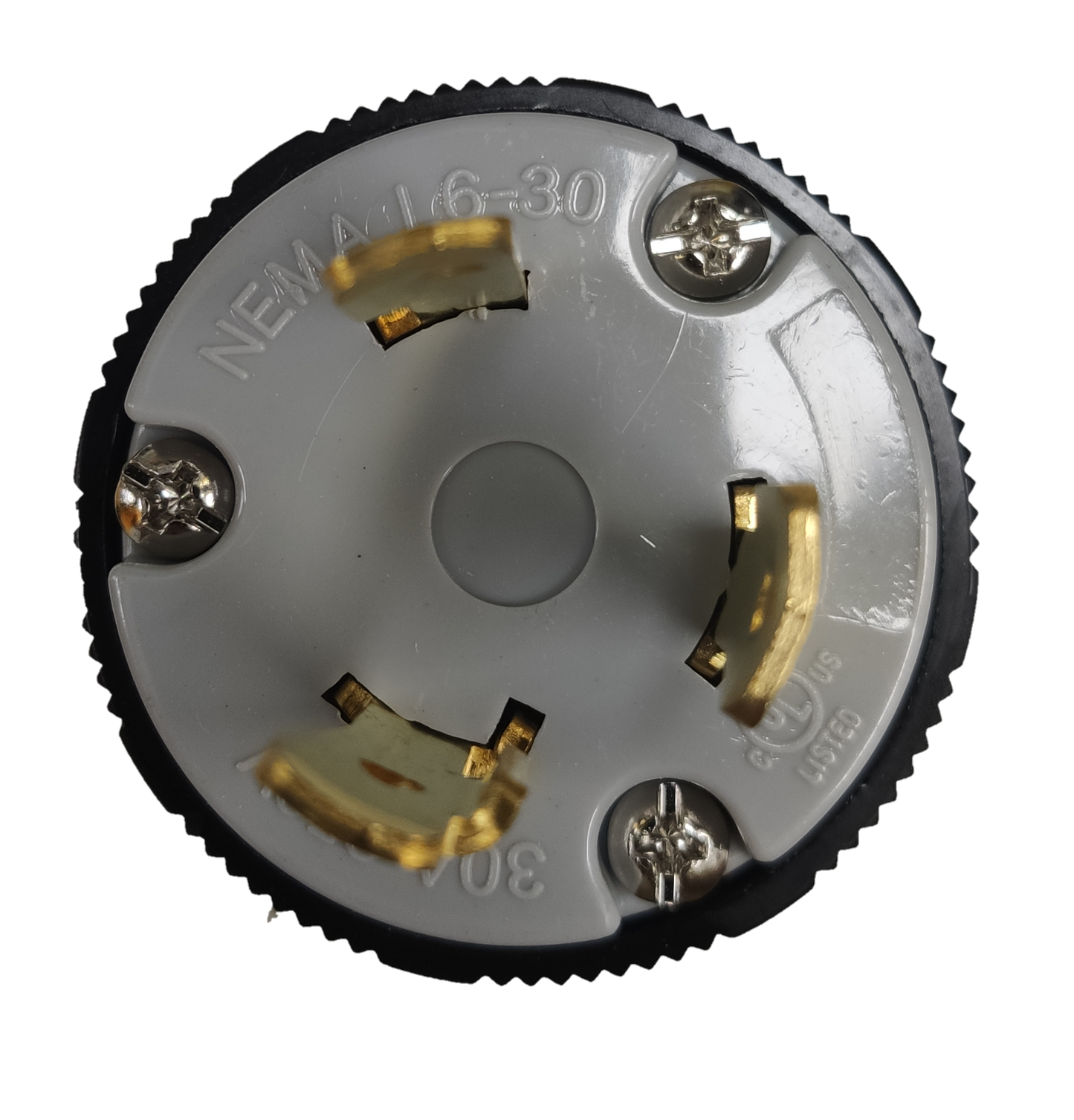 Grippes NEMA L6-30P industrial plug top view showing three gold contacts and screw terminals