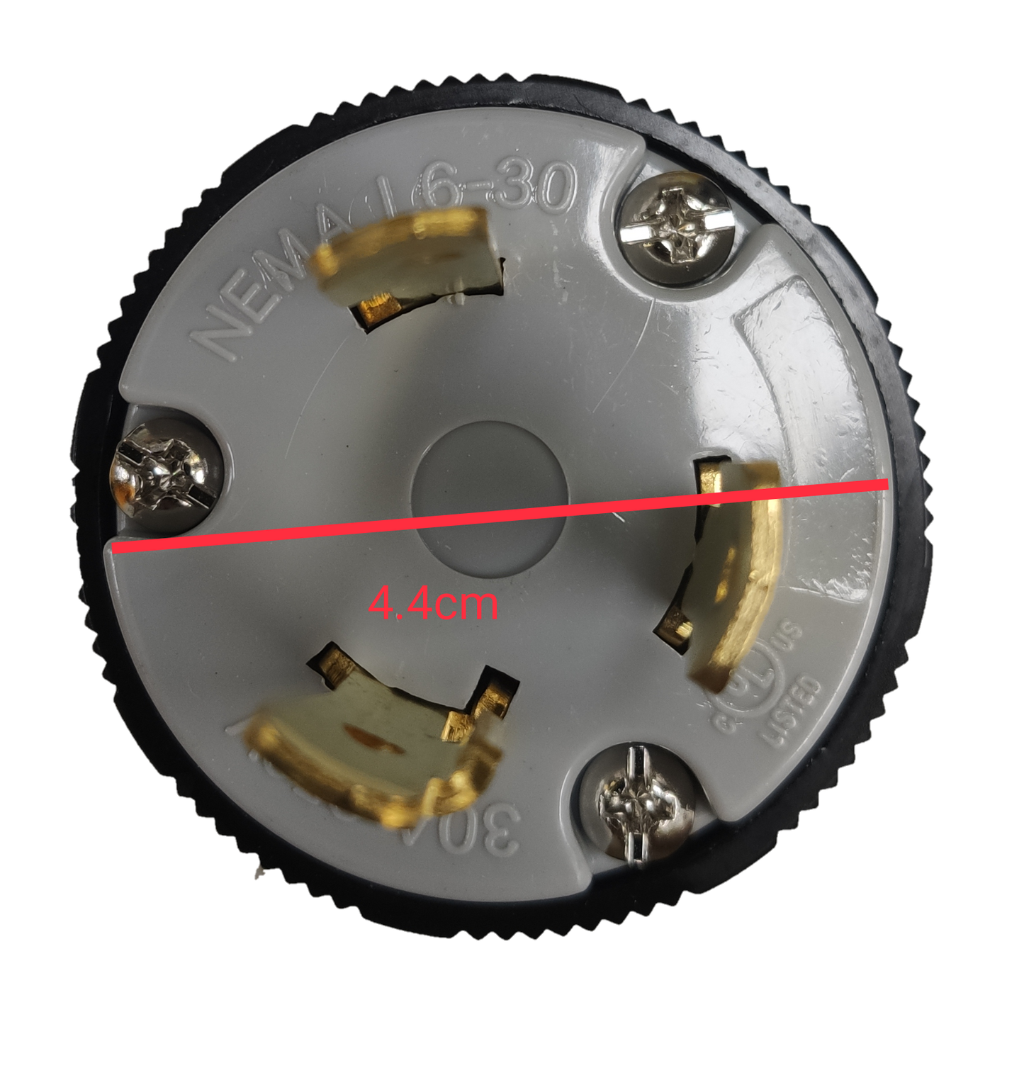 Grippes NEMA L6-30P industrial plug close up top view showing gold contacts and screw terminals