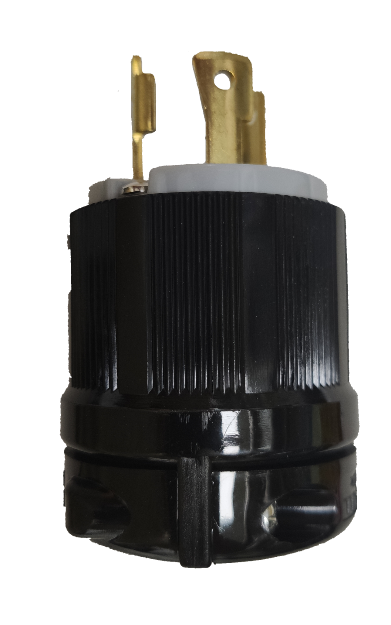 Grippes black NEMA L6-30P industrial plug with three brass prongs and ribbed plastic housing for heavy duty power