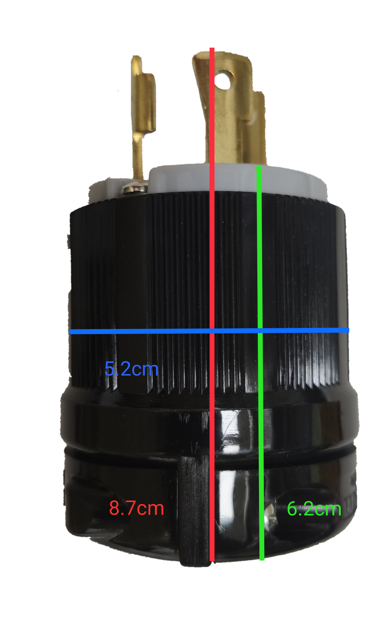 Grippes NEMA L6-30P industrial plug close up black twist lock plug with metal blades and ribbed housing