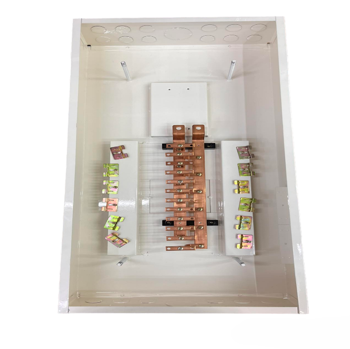 Top view of Koten electrical enclosure showing copper busbars and terminal blocks for 12 Branches Panel 2P Bolt on with 250A Main