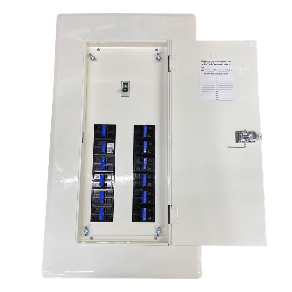 Koten white distribution panel open showing two columns of blue breakers and label 12 Branches Panel 2P Bolt on with 250A Main