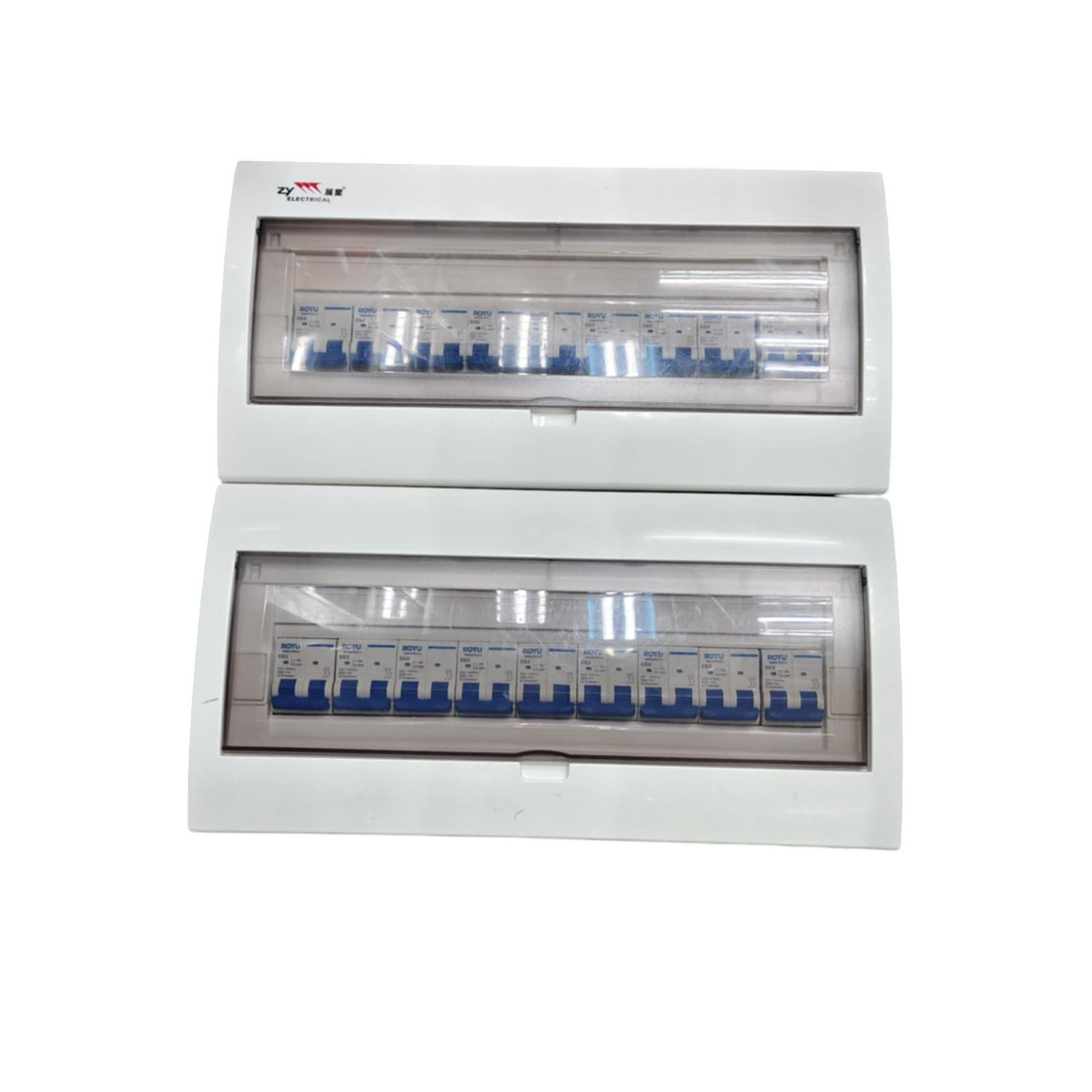 Royu and ZY two stacked white distribution boards with rows of blue MCBs 36 Ways with 63A 2P Main for MCB