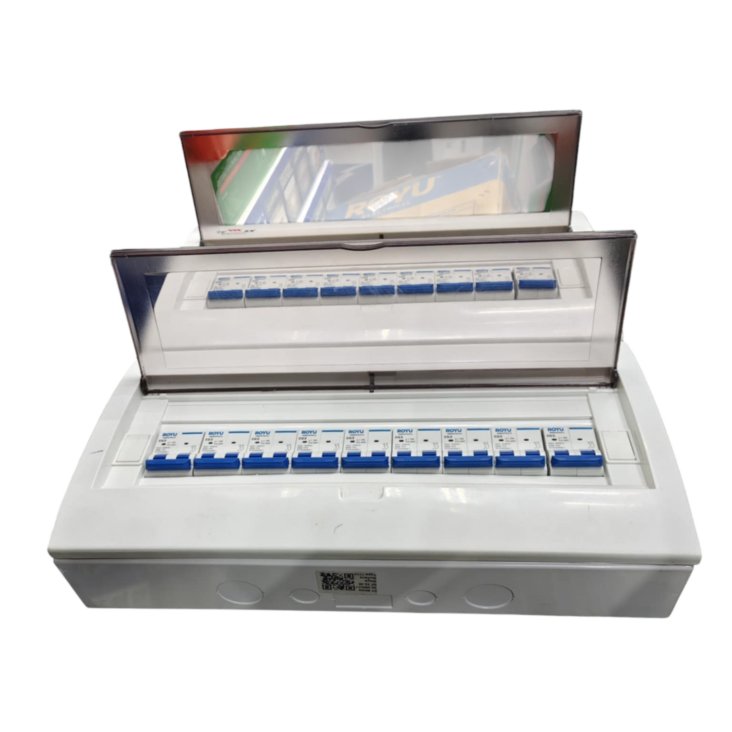 Royu and ZY white distribution board with transparent cover 36 Ways with 63A 2P Main for MCB and blue MCBs