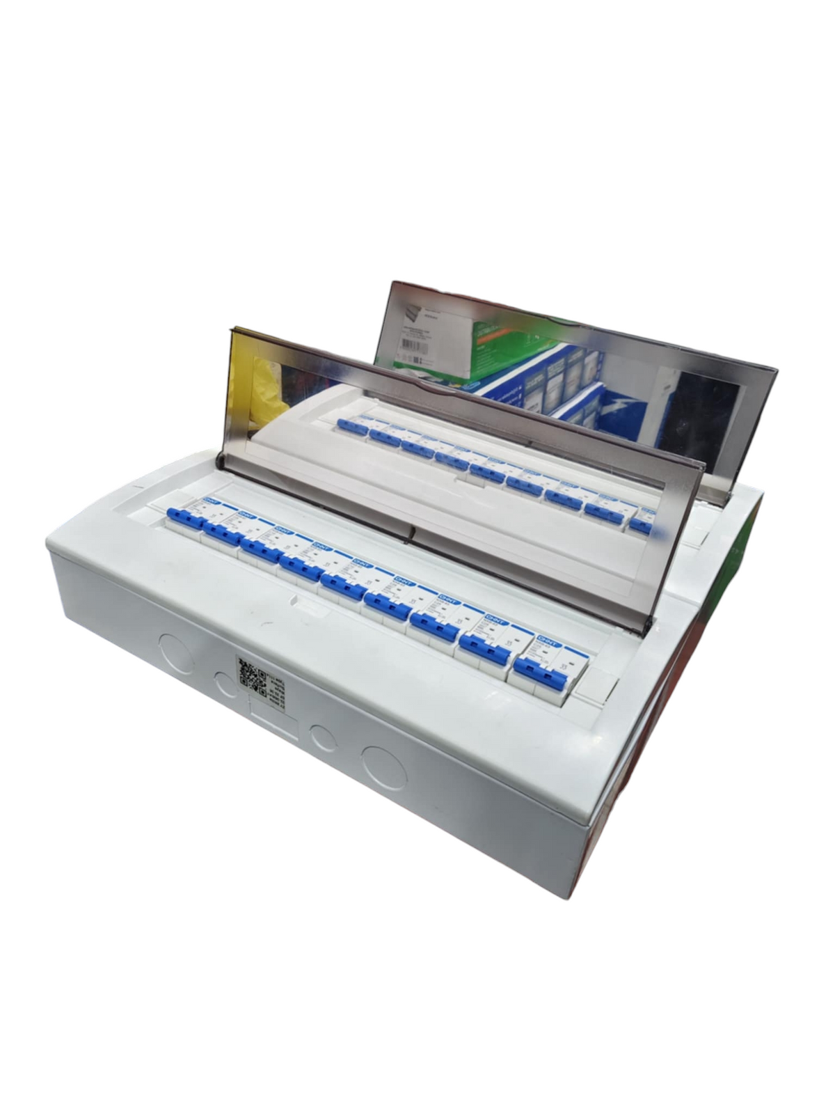 Chint 50A 2 pole panel board with breakers. White surface mount distribution board with hinged clear cover and blue breakers