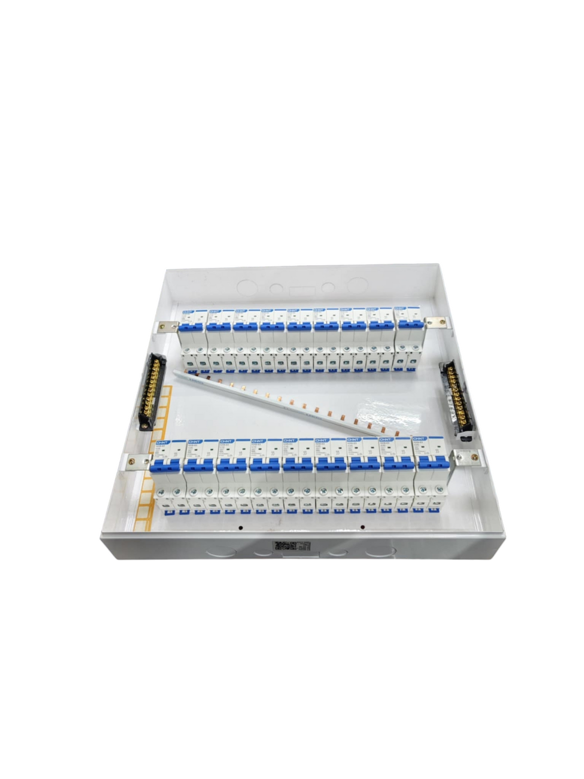 Chint 50A 2 pole panel board with breakers. Metal enclosure with two rows of blue toggle MCBs neutral and earth bars