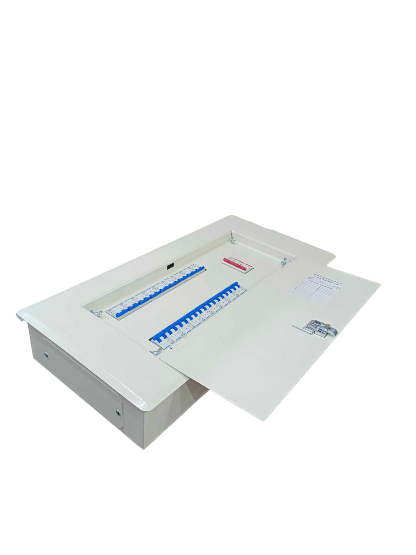 Himel Panel Board 18 Branches for MCB 100A 2P white metal distribution box with open door showing two rows of blue MCB slots