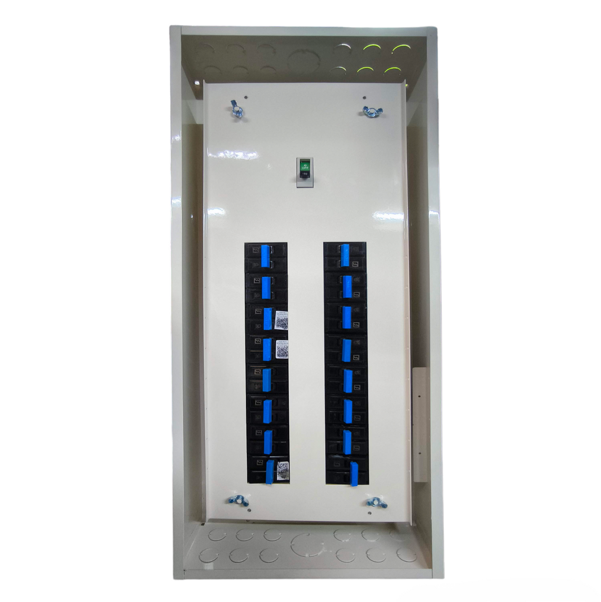 Koten Panel Board 225A 2Pole 250SPS metal enclosure with two rows of blue handled breakers and main switch