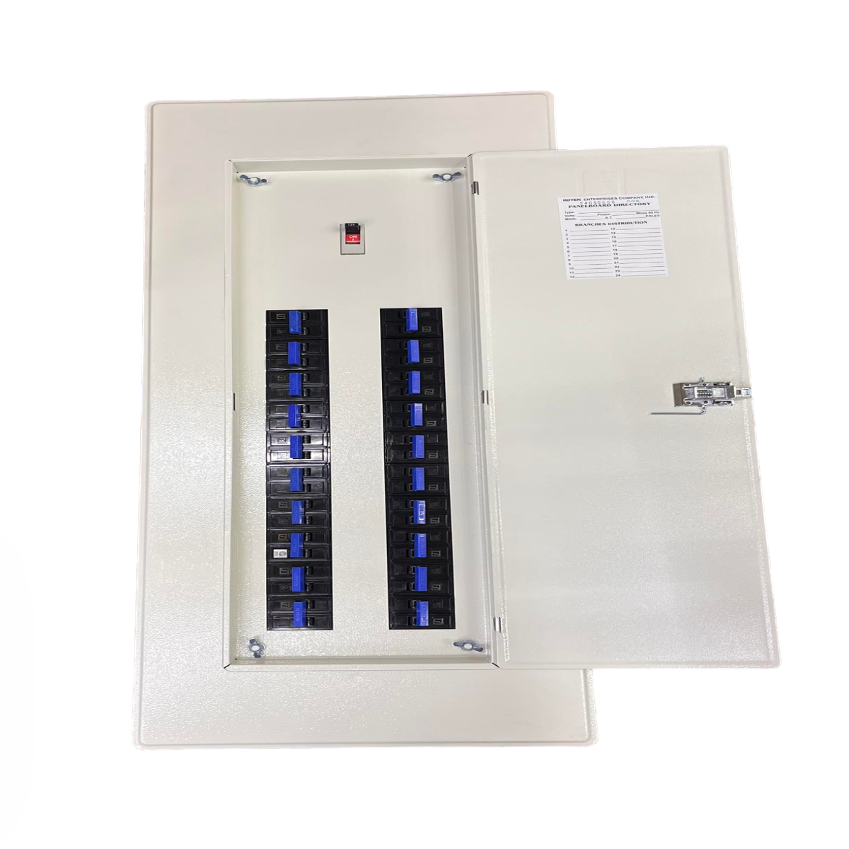 Koten 250SPS main 20 branch panel metal distribution board with open door showing circuit breakers